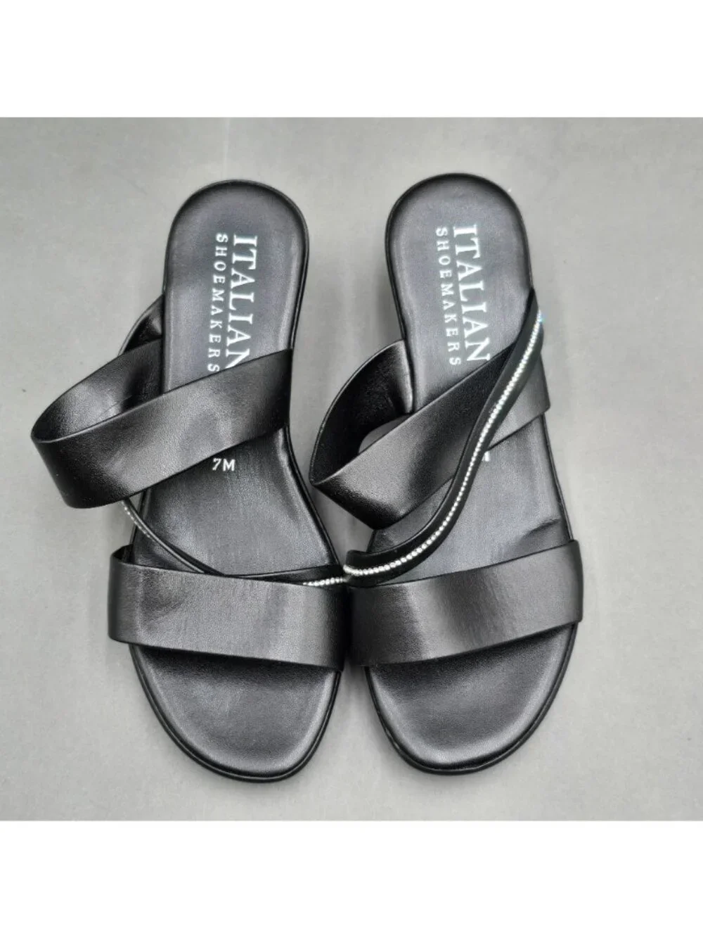 Italian Shoemakers Remus Black Slide Sandals Size 7 M Crystal Trim Wedge Heel - Picture 2 of 8